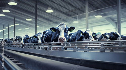 Cows in a mass-production factory: Dairy industry