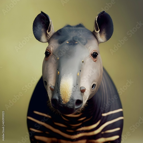 anthropomophic amazonian tapir with pronounced snout looking into camera upright portrait photograph 50mm lens studio lighting kodak film stylize 0  photo