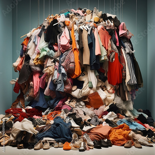 Fast Fashion: Chaos for clothes overload and environmental damage. photo