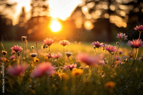 Beautiful colorful flowers in the meadow at sunset. Soft focus.  © kmmind