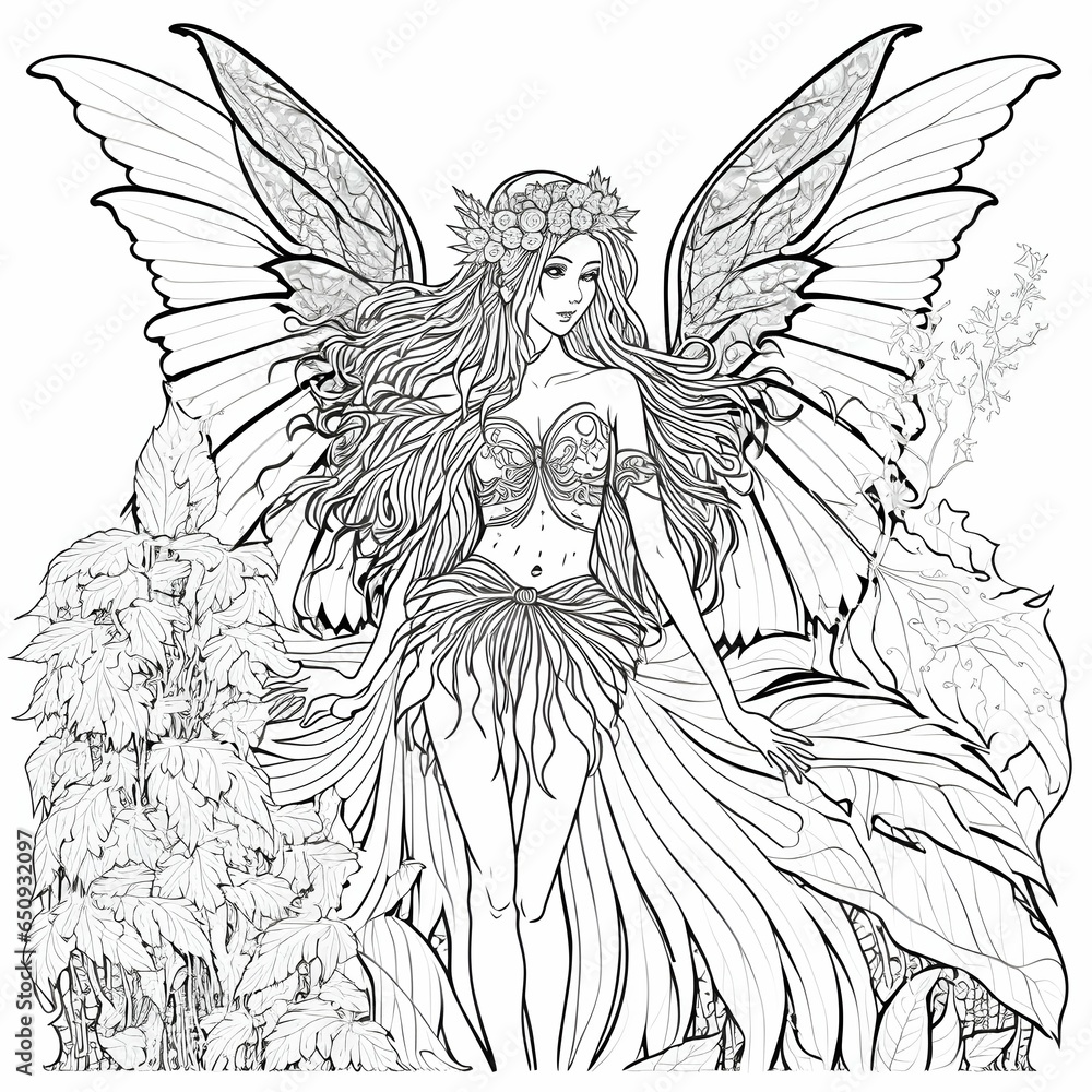 beautiful fantasy fairy with wings in forest to color for coloring book black and white solid bold lines high clarity detailed  - obrazy, fototapety, plakaty 