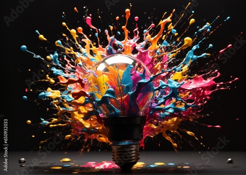 Creative light bulb explodes with colorful paint and splashes on a black background. Think differently creative idea concept. photo