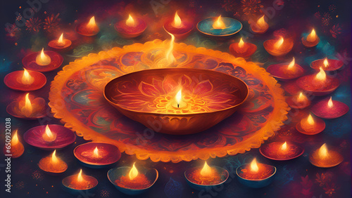 Indian festival Diwali. Diya oil lamps lit on colorful rangoli  photo