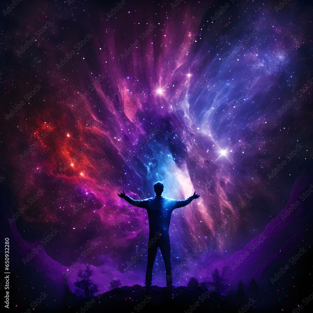 man coated in the power of the cosmos fires a beam of pure energy from his hand into the skybottom 14 of image energy is light blue in color but has a purple aura wide beam sky and stars are split  - obrazy, fototapety, plakaty 