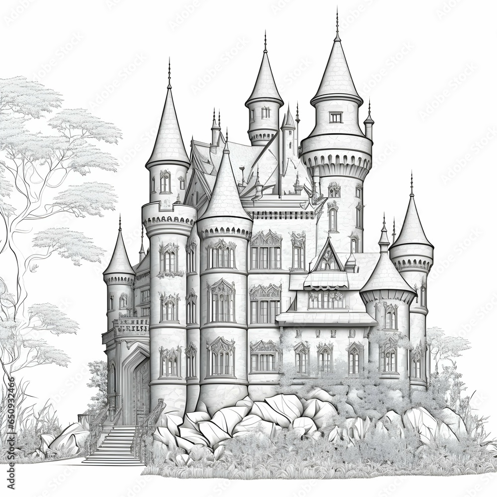 awesome fantasy castle to color for coloring book black and white solid bold lines high clarity detailed 