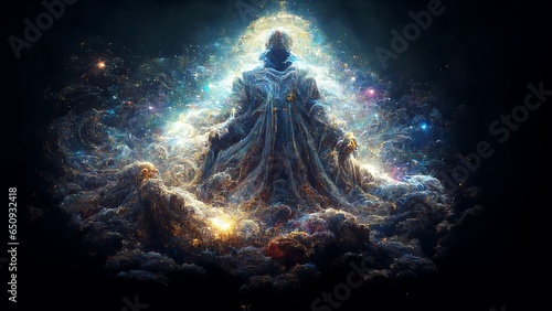 Fototapeta Supreme Spiritual creator god holding the universe, abstract art clouds and galaxy space god, cosmic god