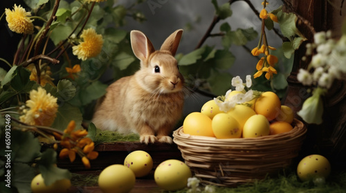 Easter composition with rabbit and retro festive decoration