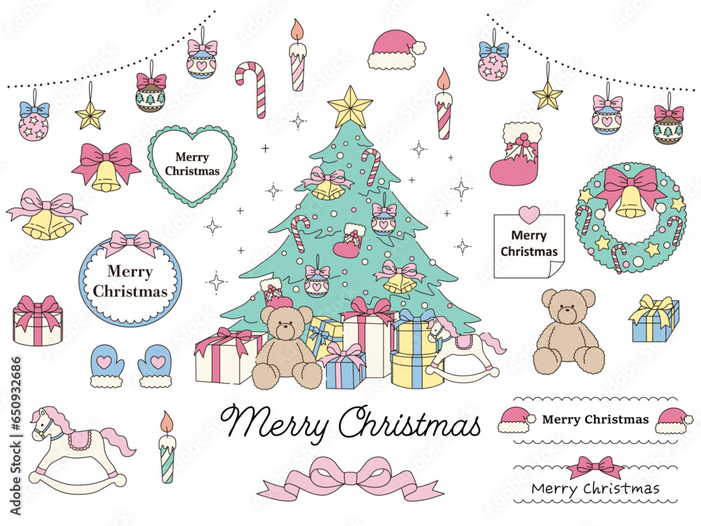 Fototapeta premium クリスマスのかわいいアイコンとフレームのイラストセット /ベクター