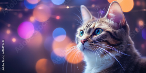 Close up cat on colorful bokeh Christmas background.