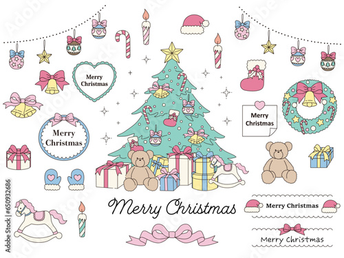 クリスマスのかわいいアイコンとフレームのイラストセット　　/ベクター