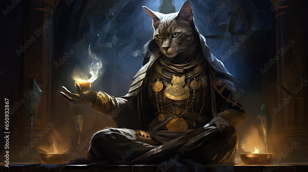 A captivating image of an Egyptian cat depicted in a regal manner, showcasing its dominion over both the human and spiritual realms. Generative AI.
