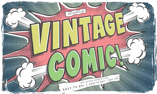 shabby worn vintage retro editable text effect in superhero cartoon comic style with grunge texture and halftone