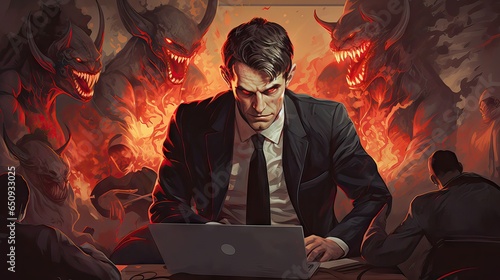 An evocative image portraying a devilish boss in an office setting, emphasizing the challenges and stress often associated with toxic workplace culture. Generative AI. photo