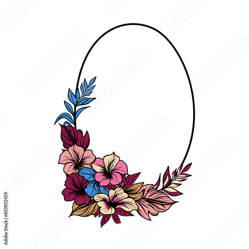 Oval frame with tropical flowers and leaves vector illustration 