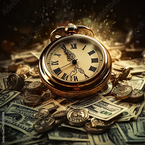 An evocative image of a clock on a table surrounded by stacks of money, symbolizing the invaluable nature of time in the business world. Generative AI.