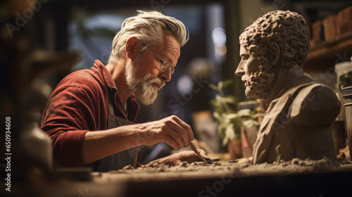 Sculptor meticulously creating a beautiful statue, showcasing impeccable craftsmanship photo