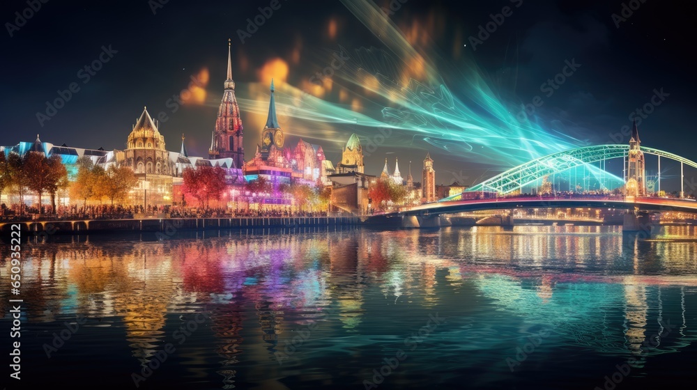 Fototapeta premium High angle view of Dusseldorf Festival Night view along the river