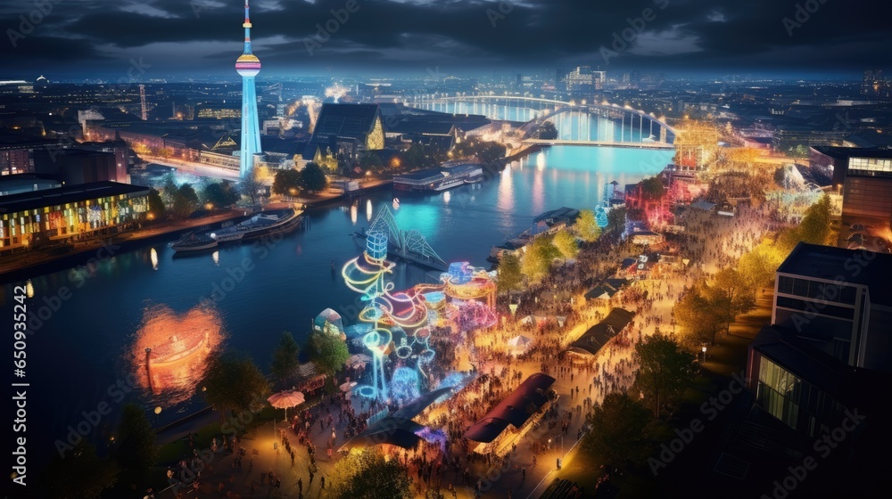 Fototapeta premium High angle view of Dusseldorf Festival Night view along the river