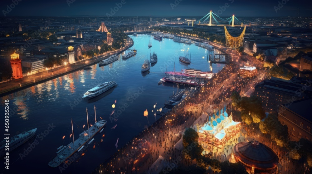 Fototapeta premium High angle view of Dusseldorf Festival Night view along the river