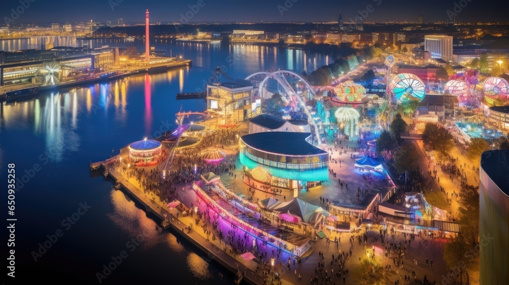 High angle view of Dusseldorf Festival Night view along the river High angle view of Dusseldorf Festival Night view along the river