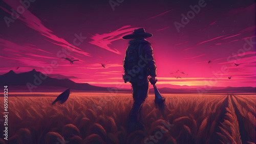 Illustration of a man walking in a wheat field at sunset. 