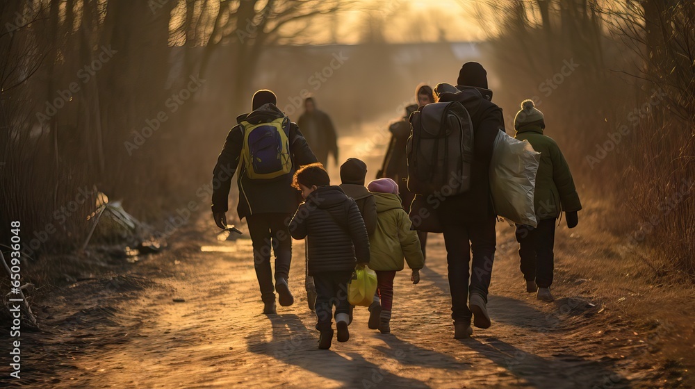 An illustration depicting the harsh reality faced by families forced to emigrate from their countries due to war, crossing borders on foot under inhumane conditions. Generative AI. An illustration depicting the harsh reality faced by families forced to emigrate from their countries due to war, crossing borders on foot under inhumane conditions. Generative AI.