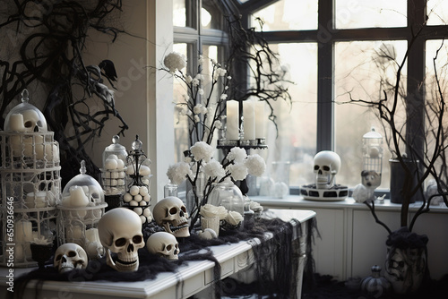 Halloween stylish black and white autumnal decor for party. Interior details