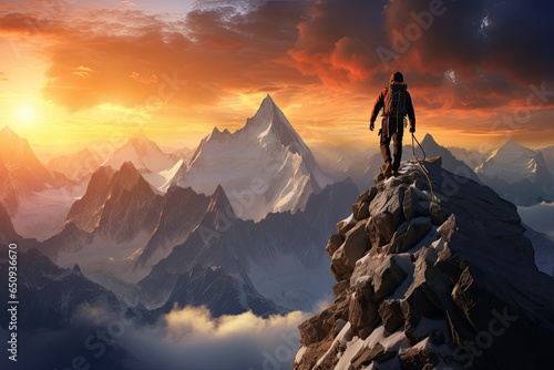 climber against the backdrop of majestic mountain landscapes