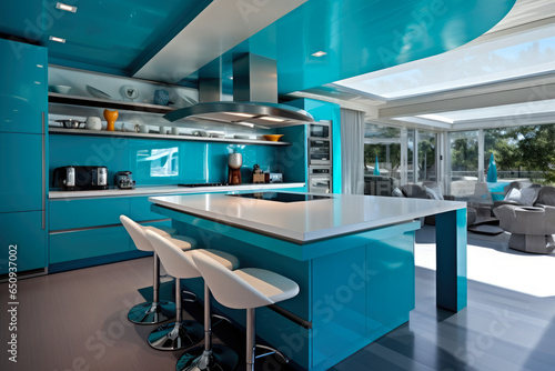 A stunning contemporary kitchen with sleek cyan cabinetry  vibrant cyan hues  and clean lines  featuring stylish pendant lighting  high-end stainless steel appliances