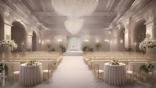 Wedding hall with chairs and tables. 3D rendering. 