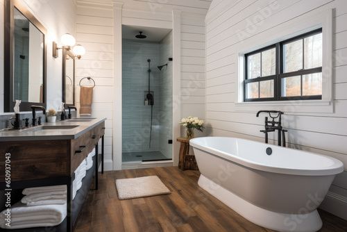 Creating a Serene and Charming Farmhouse-inspired Bathroom Retreat with Rustic Accents, Shiplap Walls, and Vintage Mirrors for a Modern yet Cozy and Relaxing Ambiance.