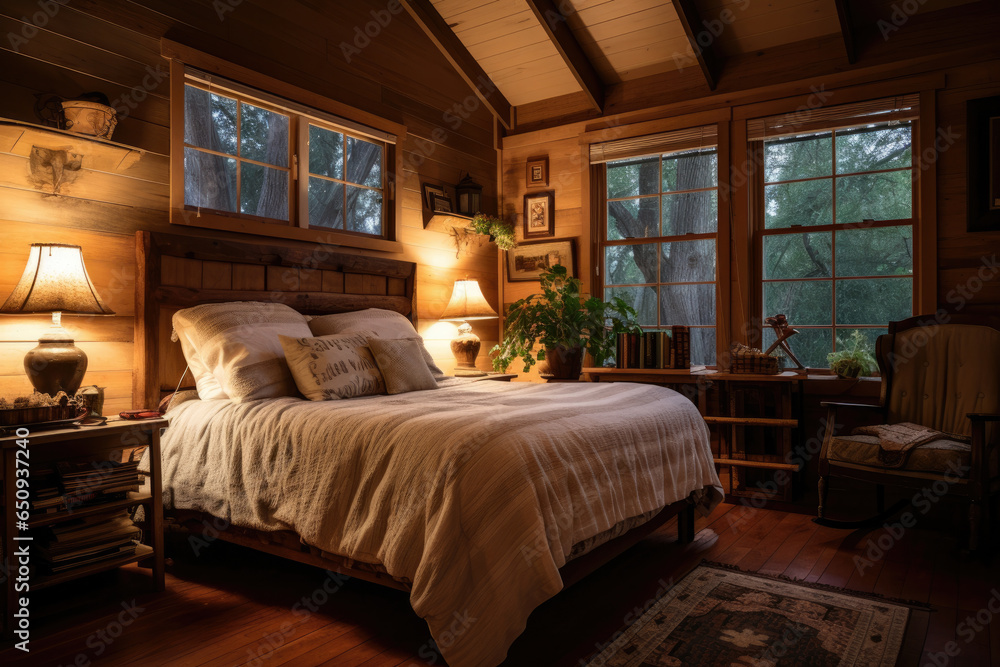 Step into a charming and cozy rustic bedroom with vintage furniture, warm lighting, and country accents, creating a serene atmosphere. Step into a charming and cozy rustic bedroom with vintage furniture, warm lighting, and country accents, creating a serene atmosphere.