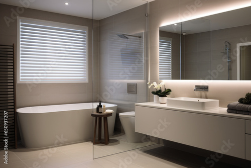 An Elegant and Serene Bathroom Oasis: Stylish Gray Accents, Sleek Furnishings, and Soft Lighting Create a Calming and Functional Space with Contemporary Design and Spacious Storage.
