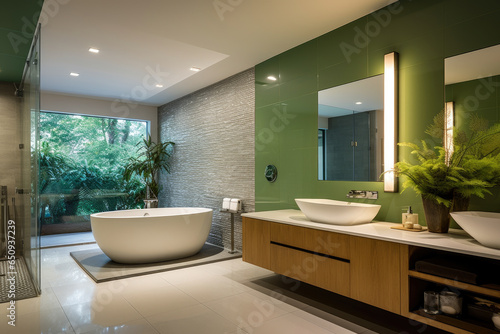 Immerse in Tranquil Harmony: A Refreshing, Nature-inspired Modern Bathroom Oasis with Vibrant Accents, Creating a Serene and Inviting Spa-like Retreat