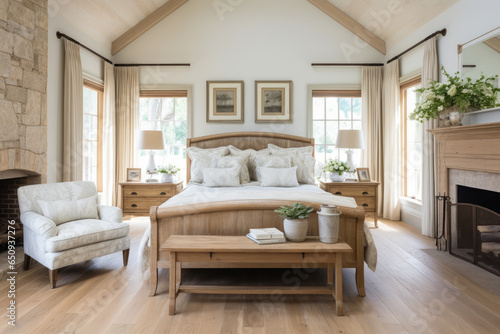 A Cozy and Elegant Bedroom Oasis: A Serene Haven Bathed in Soft Natural Light, Featuring Rustic Wood Furniture, Delicate Floral Patterns, and Vintage Wrought Iron Accents for a Romantic © aicandy