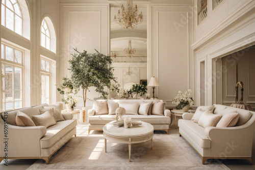 Immerse in the inviting ambiance of a modern, luxurious living room adorned with cream and gold colors, featuring cozy furniture, a harmonious coffee table, elegant artwork, warm lighting © aicandy