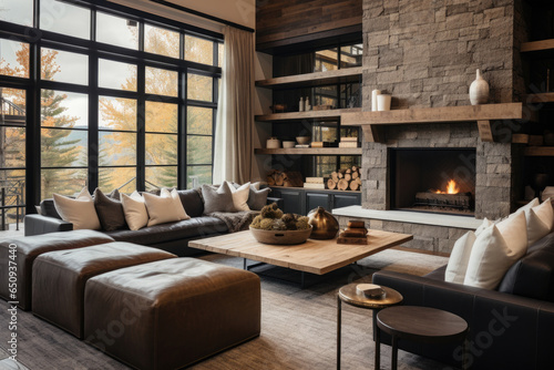 A Warm and Inviting Contemporary Rustic Living Room with Cozy Seating, Natural Light, Modern Furnishings, and Earthy Tones in a Spacious Area. © aicandy