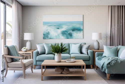 A Serene and Refreshing Living Room Oasis: Harmoniously Blending Tranquil Green and Blue Tones, Creating a Soothing Ambiance with Modern Interior Design Elements, Cozy Furniture, and Natural Lighting.
