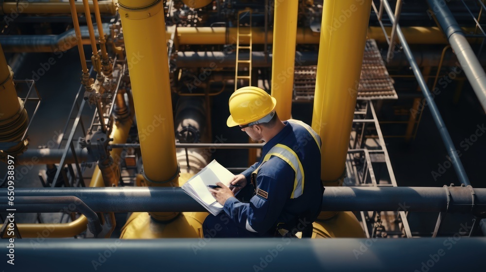Technician in a hard hat working to checklist petroleum gas pipes for transportation in station petroleum oil. Technician in a hard hat working to checklist petroleum gas pipes for transportation in station petroleum oil.