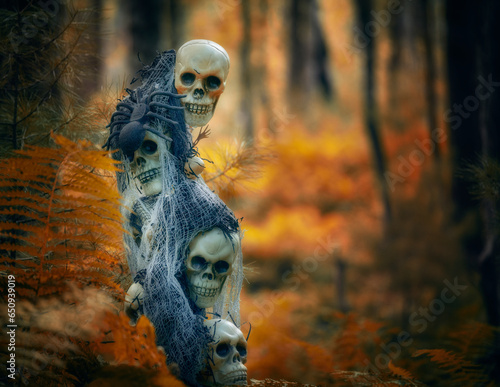  Halloween decorations in a gloomy dark autumn forest. Skull and skeletons in a dark forest.