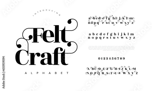 Fletcraft premium luxury elegant alphabet letters and numbers. Elegant wedding typography classic serif font decorative vintage retro. Creative vector illustration