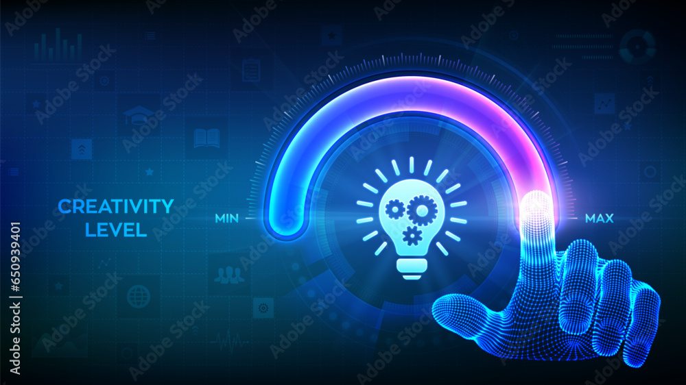 Increasing Creativity. Wireframe hand is pulling up to the maximum position circle progress bar with the creativity icon. Innovative and Solution. Idea and imagination. Creative mode. Vector. Increasing Creativity. Wireframe hand is pulling up to the maximum position circle progress bar with the creativity icon. Innovative and Solution. Idea and imagination. Creative mode. Vector.