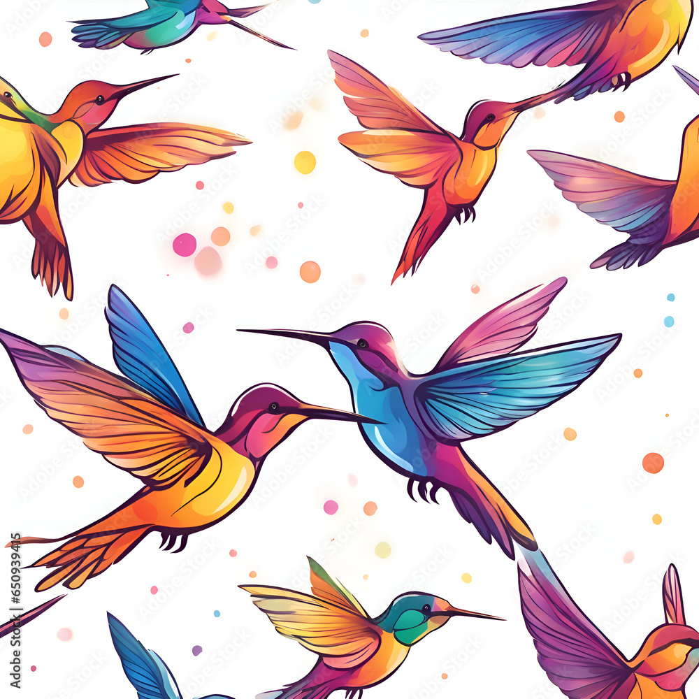 Fototapeta premium Seamless pattern with colorful hummingbirds. Hand drawn vector illustration. 