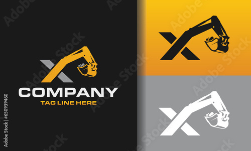 Letter X excavator logo template vector. Heavy equipment logo vector for construction company. Creative excavator illustration for logo template.
