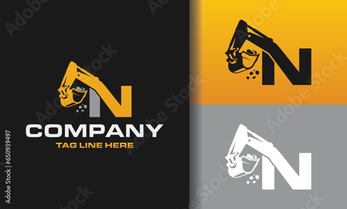 Letter N excavator logo template vector. Heavy equipment logo vector for construction company. Creative excavator illustration for logo template.
