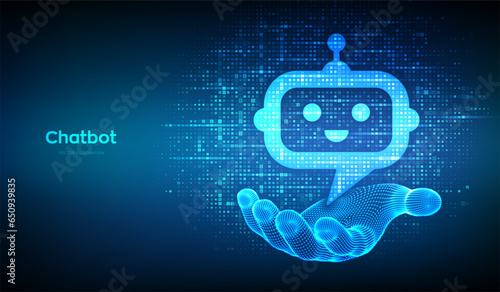Robot chatbot head icon sign made with binary code in wireframe hand. Chatbot assistant application. Digital binary data and streaming digital code. Background with digits 1.0. Vector Illustration.