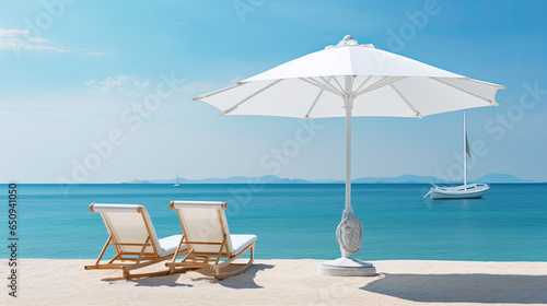 Pair of sun loungers and beach umbrella on a deserted beach  perfect vacation concept