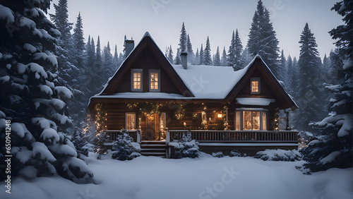 Beautiful wooden house in winter forest at night. Christmas landscape. 