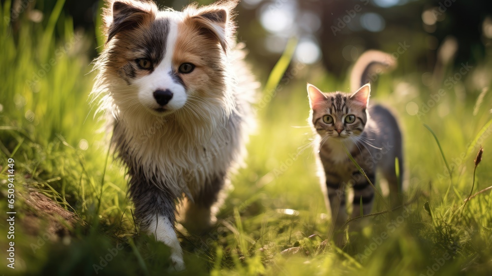 Playful Young Animal Portrait in the Grass. Young animal portrait with domestic cat and dog characteristics in grassy setting