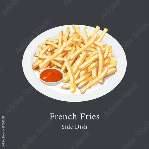 French fries or potato chips with ketchup. Hand drawn watercolor vector illustration